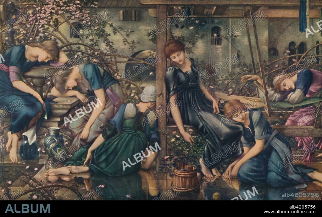 'The Briar Rose; The Garden Court', c1890, (1922). Illustration to the legend of the Sleeping Beauty, one of a series of four paintings completed between 1885 and 1890, at Buscot Park in Oxfordshire. From "Bibby's Annual 1922", edited by Joseph Bibby. [J. Bibby & Sons, London, 1922].