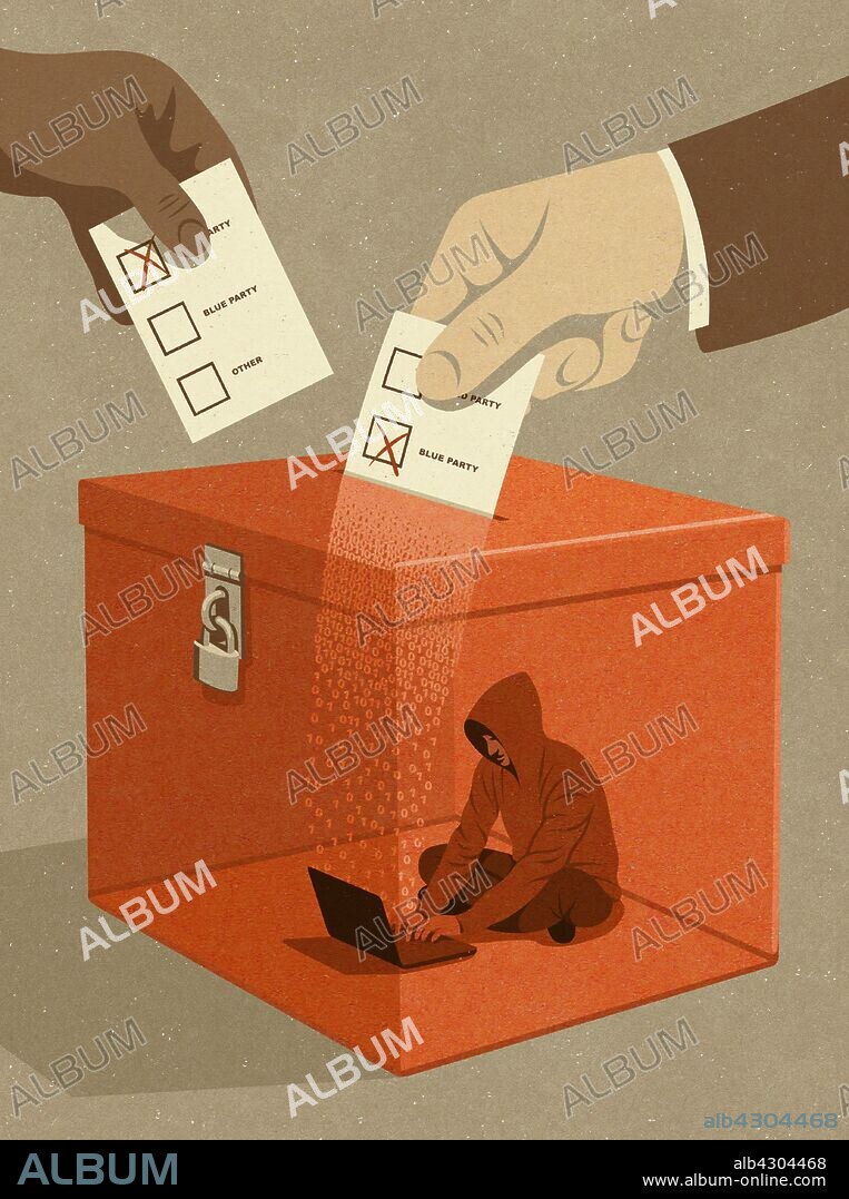 Computer hacker inside of ballot box.