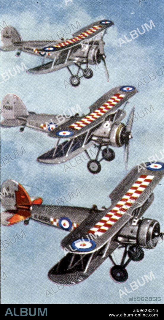 Air Raid Precautions, cigarette card, British, 1938. Gloucester Gauntlet interceptor fighters. One of a set of 50 cards issued by WD & HO Wills in preparation for the anticipated coming of World War II.