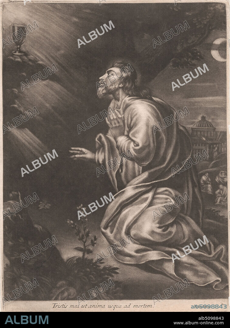 Tristis Mea est Anima Usque ad Mortem / My Soul is Sorrowful Even Unto Death, Print made by John Smith, 16521743, British, undated, Mezzotint on medium, moderately textured, blued white, laid paper, Sheet: 9 9/16 × 7 1/16 inches (24.3 × 17.9 cm) and Image: 9 × 6 7/8 inches (22.9 × 17.5 cm), agony, building, Christianity, clouds, cup, disciples, Gospels, halo, hill, kneeling, love, moon, New Testament, night, Passion, praying, religious and mythological subject, sacrifice, sleeping, sorrow.