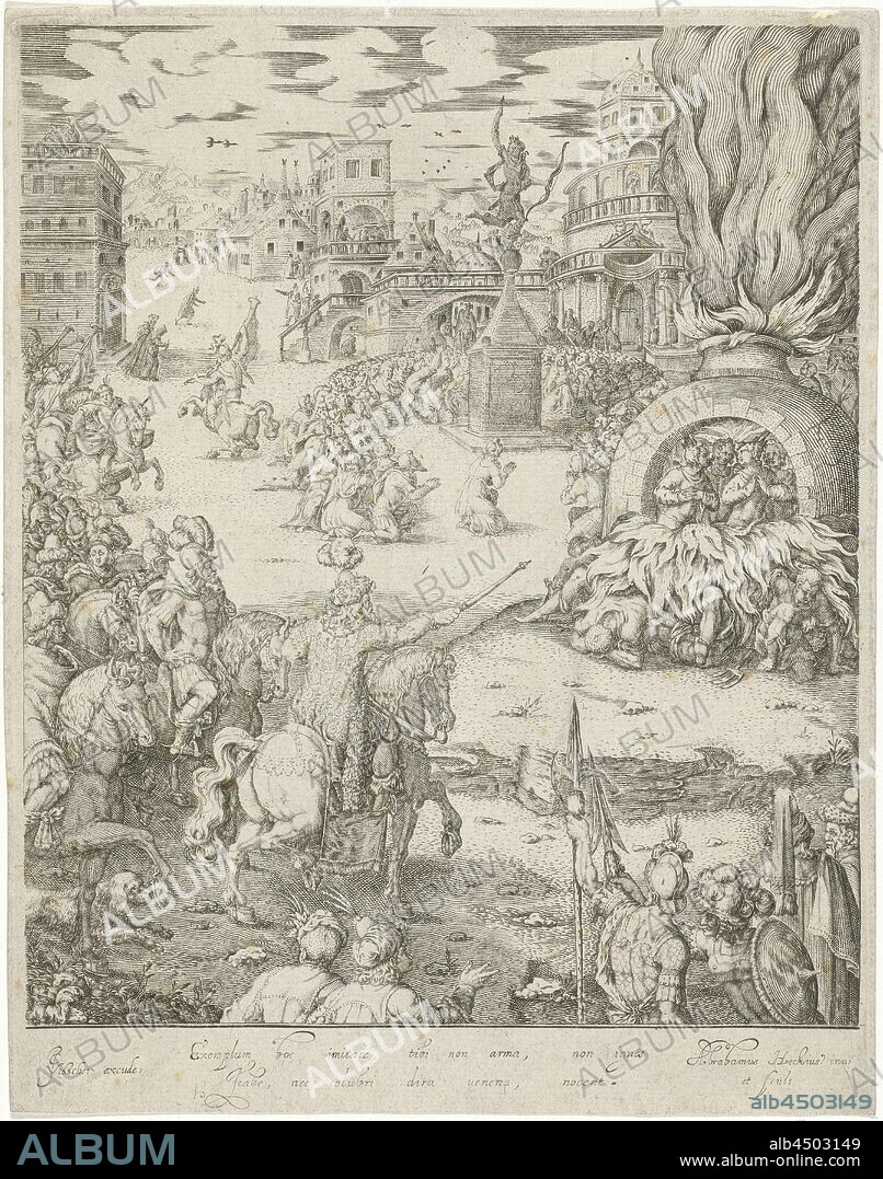 Shadrach, Meshach and Abednego in the fiery furnace, The Babylonian king Nebuchadnezzar on horseback and surrounded by soldiers sees how Shadrach, Meshach and Abednego are miraculously assisted by a fourth figure in the burning furnace, what makes the king decide to order their salvation. In the background many kneeling figures around the golden statue, erected outside the city of Babylon, that the three refused to worship. Below the show two lines in Latin, the story of the three Hebrews in the fiery furnace (Daniel 3), Abraham van den Hecken (mentioned on object), c. 1620 - 1652, paper, engraving, h 203 mm × w 160 mm.