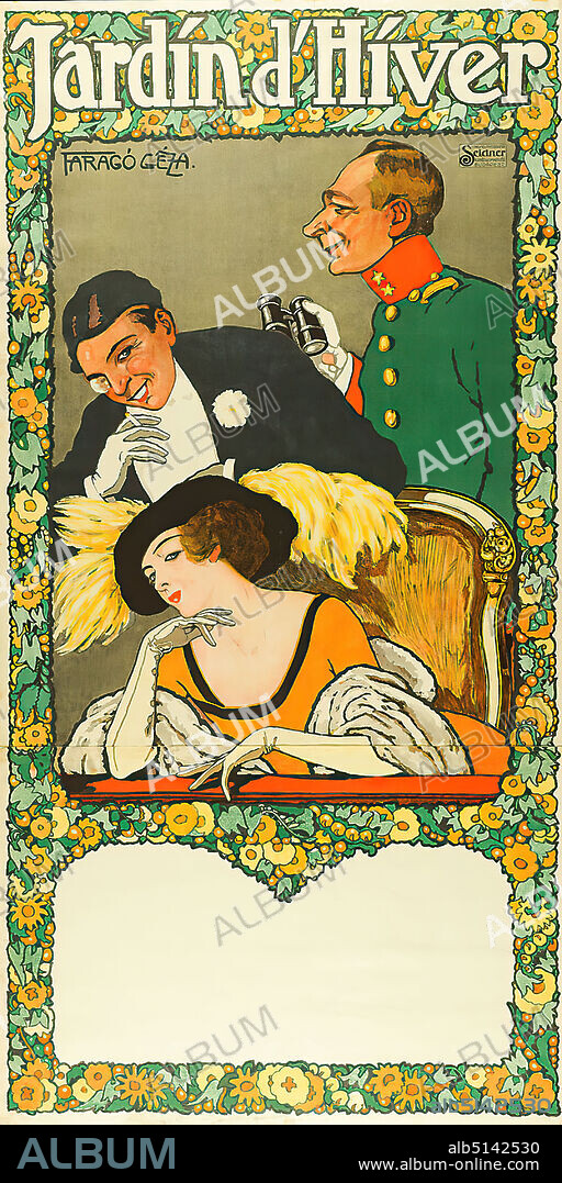 Chromolithografia Seidner, Géza Faragó, Jardin d`Hiver, lithography, part (2 parts): height: 62,5 cm; width: 94,5 cm, signed: top left in print: FARAGÓ GÉZA, event posters, woman, man, officer (army), opera, flower ornaments, boxes, eye glasses, glasses.