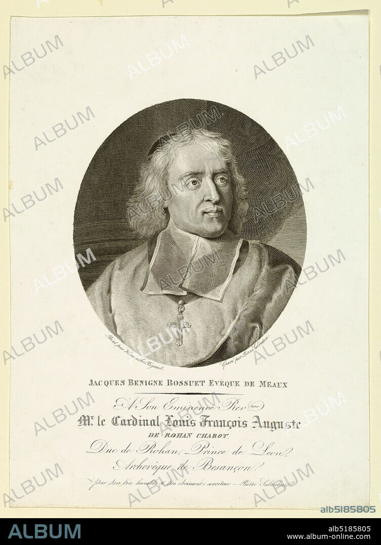 Portrait of Jacques Bénigne Bossuet (1627-1704), Pietro Salvatori, Italian, active 1880 - 1890, Hyacinthe Rigaud, French, 1659 - 1743, Engraving on paper, Bust-length portrait with head in three-quarter view, facing right; body slightly to left. Wearing cardinal's robe and skull-cap., France, ca. 1880-1890, Print, Print.