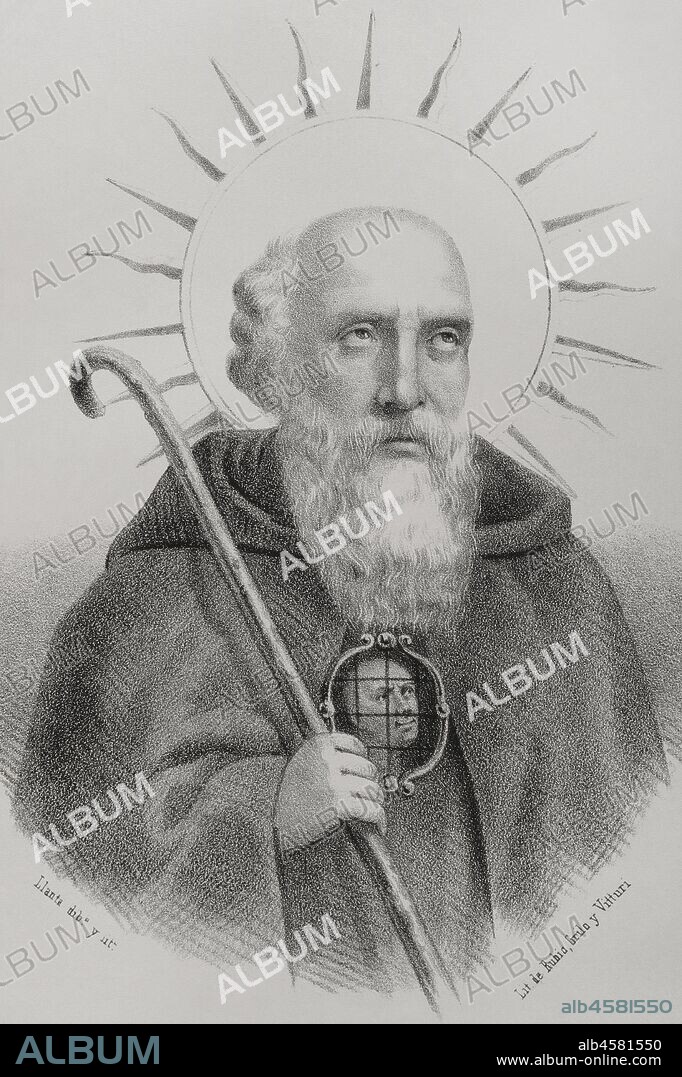 San Saturio de Numancia (h. 493-570). Anacoreta visigodo del siglo VI. Santo patrón de Soria. Dibujo por Llanta. Litografía. Crónica General de España, Historia Ilustrada y Descriptiva de sus Provincias. Castilla-La Vieja,1870. Biblioteca Histórico Militar de Barcelona, Cataluña, España.
