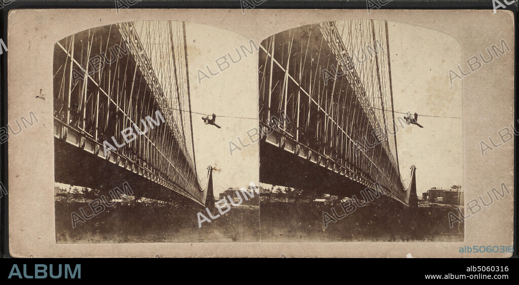 Railway Suspension Bridge Niagara. Mr. Blondin in the daring act of acscending one of the wires that secures the bridge..., Blondin, 1824-1897, 1860, New York (State), Niagara Falls (N.Y. and Ont.
