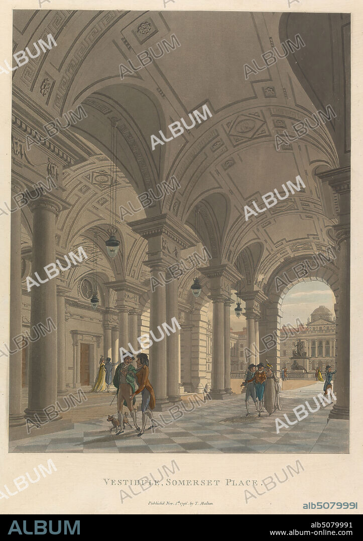 Vestibule, Somerset Place, unknown artist, after Thomas Malton the Younger, 17481804, British, OR after Thomas Malton, 17261801, British, 1796, Aquatint, hand-colored.