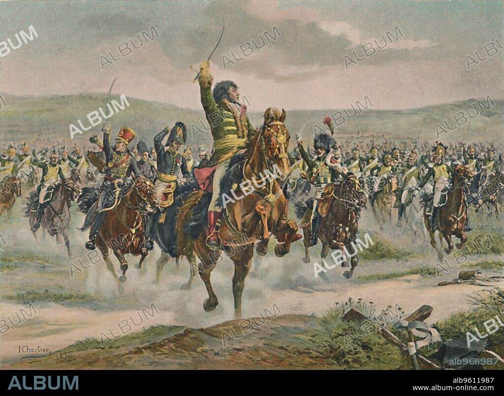 'Murat Leading The Cavalry at Jena', 14 October 1806, (1896). Joachim-Napoléon Murat (1767-1815) was a Marshal of France and Admiral of France under the reign of Napoleon. Typogravure after the painting by H Chartier. From Life of Napoleon Bonaparte, Volume II, by William Milligan Sloane. [The Century Co., Macmillan & Co., Limited, New York & London, 1896].
