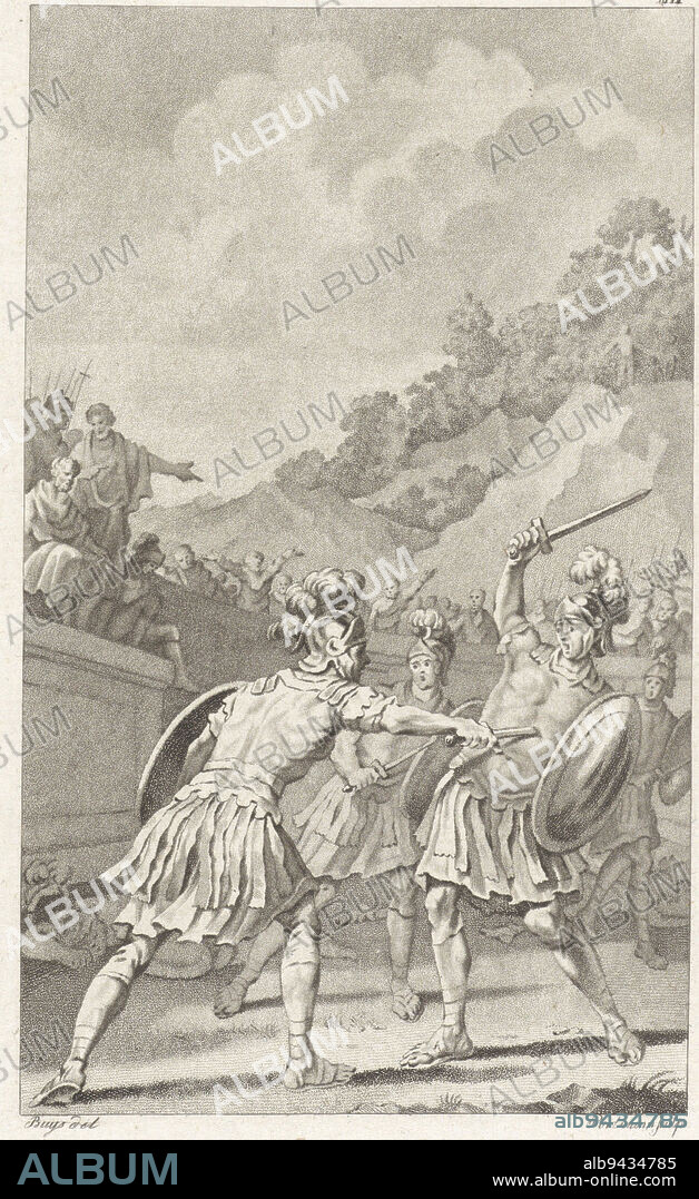 Duel between the Horatii and Curiatii, two triplets of Roman and Albanian descent respectively, deciding the war. Here Publius Horatius kills the wounded Curiatii one by one. Romans encourage him. Duel between the Horatii and Curiatii, print maker: Ludwig Gottlieb Portman, (mentioned on object), intermediary draughtsman: Jacobus Buys, (mentioned on object), Utrecht, 1793, paper, h 209 mm × w 131 mm.
