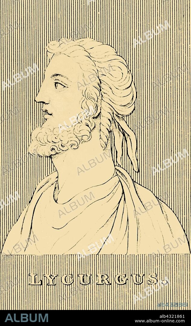 'Lycurgus',  (fl c820 BC), 1830. Lycurgus (fl c820 BC) lawgiver of Sparta who established military reforms in accordance with the Oracle of Delphi, promoting virtues of equality (among citizens), military fitness, and austerity. From "Biographical Illustrations", by Alfred Howard. [Thomas Tegg, R. Griffin and Co., J. Cumming, London, Glasgow and Dublin, 1830].
