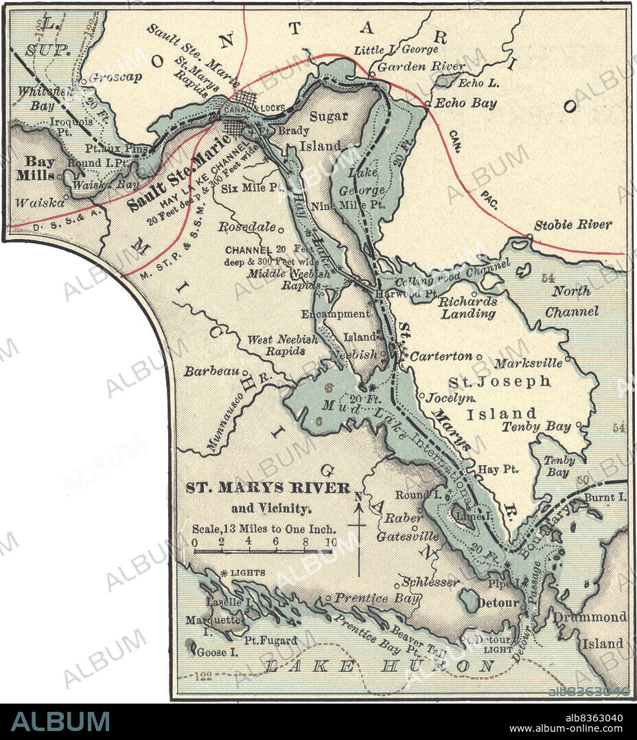 Map of St. Marys River and Sault Ste. Marie, MI.