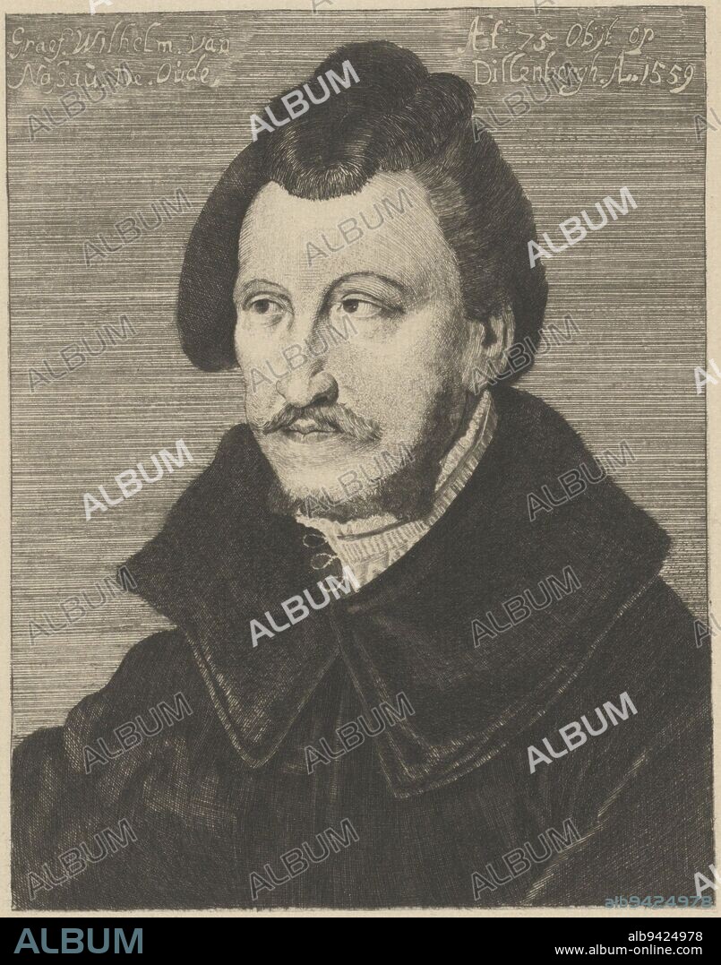Portrait of William I. Top left his name and titles. Top right his place of death and year of death., Portrait of William I, Count of Nassau-Dillenburg, print maker: Willem Steelink (I), after: anonymous, Netherlands, c. 1841 - 1913, paper, etching, h 190 mm × w 124 mm.