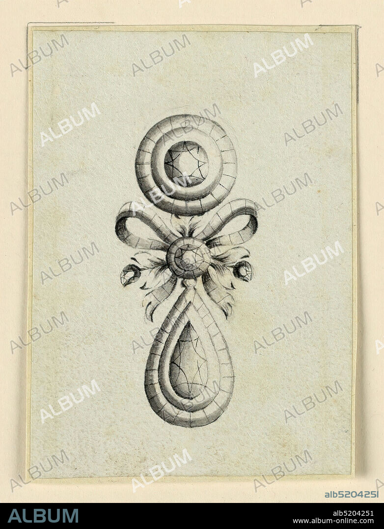 Design for an Earring, Pen and black ink, brush and gray watercolor on light green paper, Jewelry design for an earring. The disk above and the drop below are connected by a knotted ribbon with two flower stems at either side and a round gem at center., probably Naples, South Italy, Italy, late 18th century, jewelry, Drawing, Drawing.