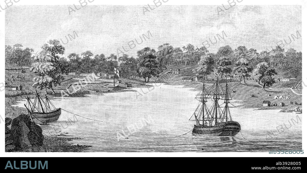 Sydney Cove, New South Wales, Australia, 1788, (1886). Sydney Cove is a bay on the southern shore of Sydney Harbour. It was the site chosen in 1788 by Captain Arthur Phillip for the establishment of the first British colony in Australia, which later became the city of Sydney. The date of the colony's founding, 26 January, is today celebrated as Australia Day. Wood engraving from 'Picturesque Atlas of Australasia, Vol I', by Andrew Garran, illustrated under the supervision of Frederic B Schell, (Picturesque Atlas Publishing Co, 1886).