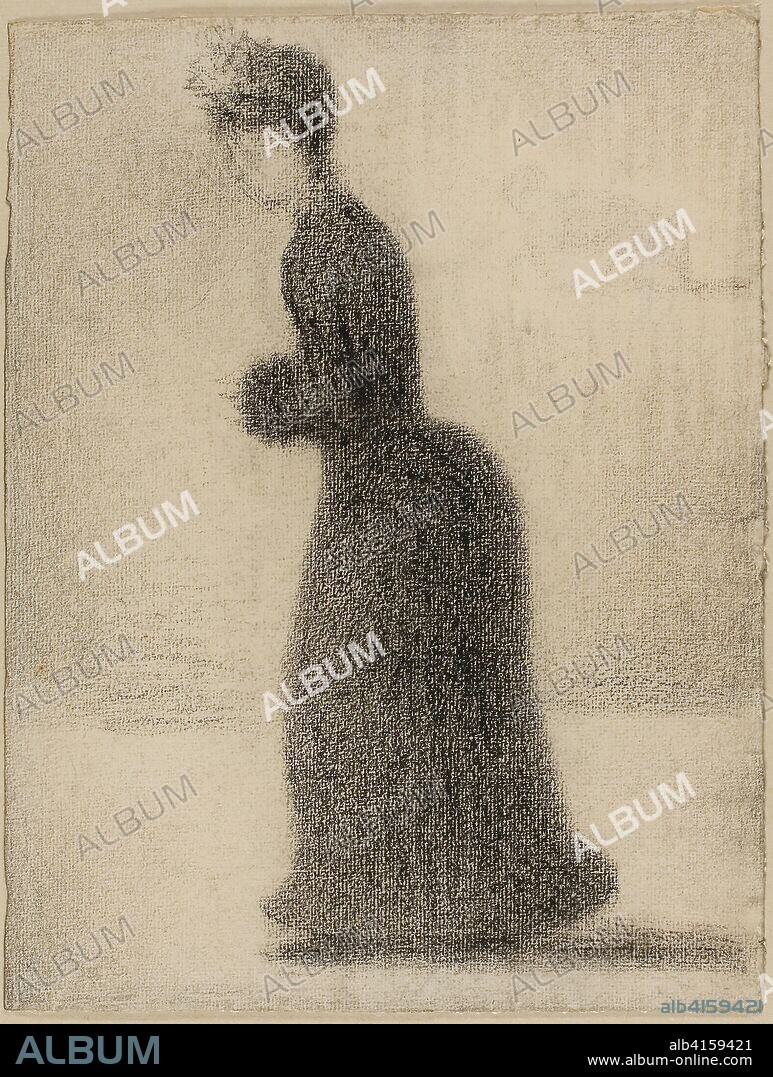 Woman with a Muff. Georges Seurat; French, 1859-1891. Date: 1884-1886. Dimensions: 313 × 238 mm. Black Conté crayon, with erasing, on ivory laid paper, laid down on cream laminate board. Origin: France.