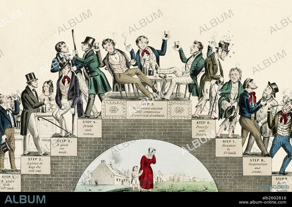 The drunkards progress. From the first glass to the grave. Shows an archway of the nine steps of a drunkard's progress, beginning with a man in fancy dress having "a glass with a friend" and then his gradual decline in society with poverty & disease, criminal activity, becoming a bum, and his eventual "death by suicide", a weeping woman with child is under archway, 1846.