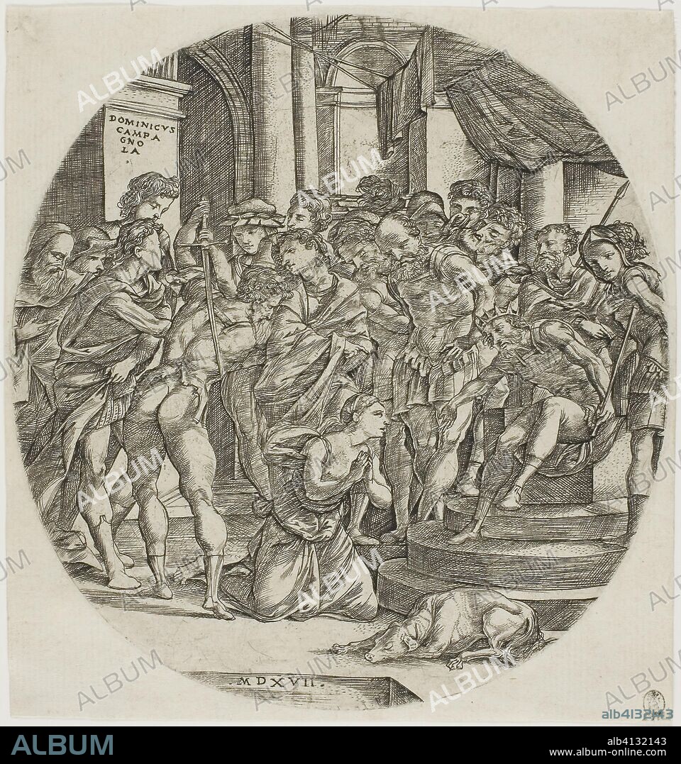 The Beheading of Saint Catherine. Domenico Campagnola; Italian, c. 1500-1564. Date: 1517. Dimensions: 185 x 174 mm (plate); 188 x 178 mm (sheet). Engraving in black on ivory laid paper. Origin: Italy.