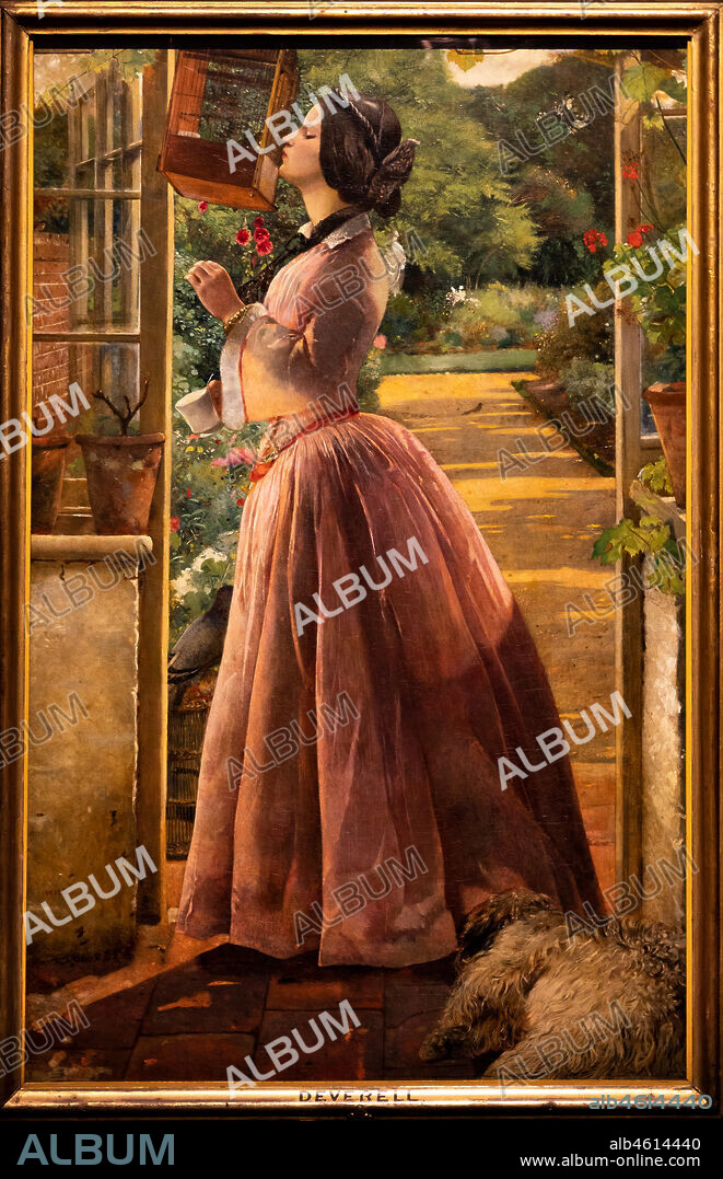 "A pet" (1853) by Walter Howell Deverell (1827 - 1854), oil painting on canvas.