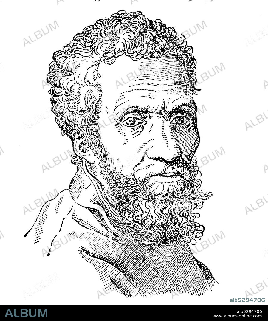 Michelangelo di Lodovico Buonarroti Simoni or more commonly known by his first name Michelangelo; 6 March 1475 – 18 February 1564 was an Italian sculptor, painter, architect and poet of the High Renaissance born in the Republic of Florence,   /  Michelangelo di Lodovico Buonarroti Simoni oder besser bekannt unter seinem Vornamen Michelangelo; 6. März 1475 - 18. Februar 1564 war ein italienischer Bildhauer, Maler, Architekt und Dichter der Renaissance geboren in der Republik Florenz, Historisch, digital improved reproduction of an original from the 19th century / digitale Reproduktion einer Originalvorlage aus dem 19. Jahrhundert.