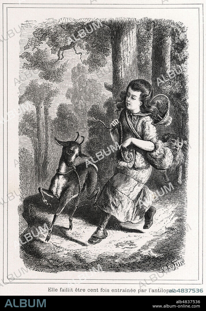 Emma failli etre cent fois entrainee par l'antilope. Illustration de 1877 par Gorges LAFOSSE (1844-1880) pour Le Robinson des Demoiselles par Nathalie WOILLEZ (1781-1859). Credit : Coll. Jonas/KHARBINE-TAPABOR.