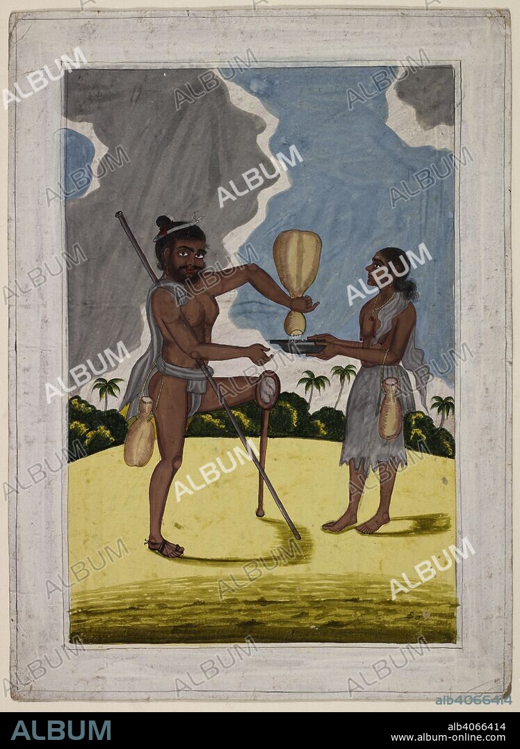ANON. Crippled beggar and wife. The beggar, his leg amputated at the knee, pours rice from a gourd into a dish held by his wife. c.1800. opaque watercolour. Source: Add.Or.2529.