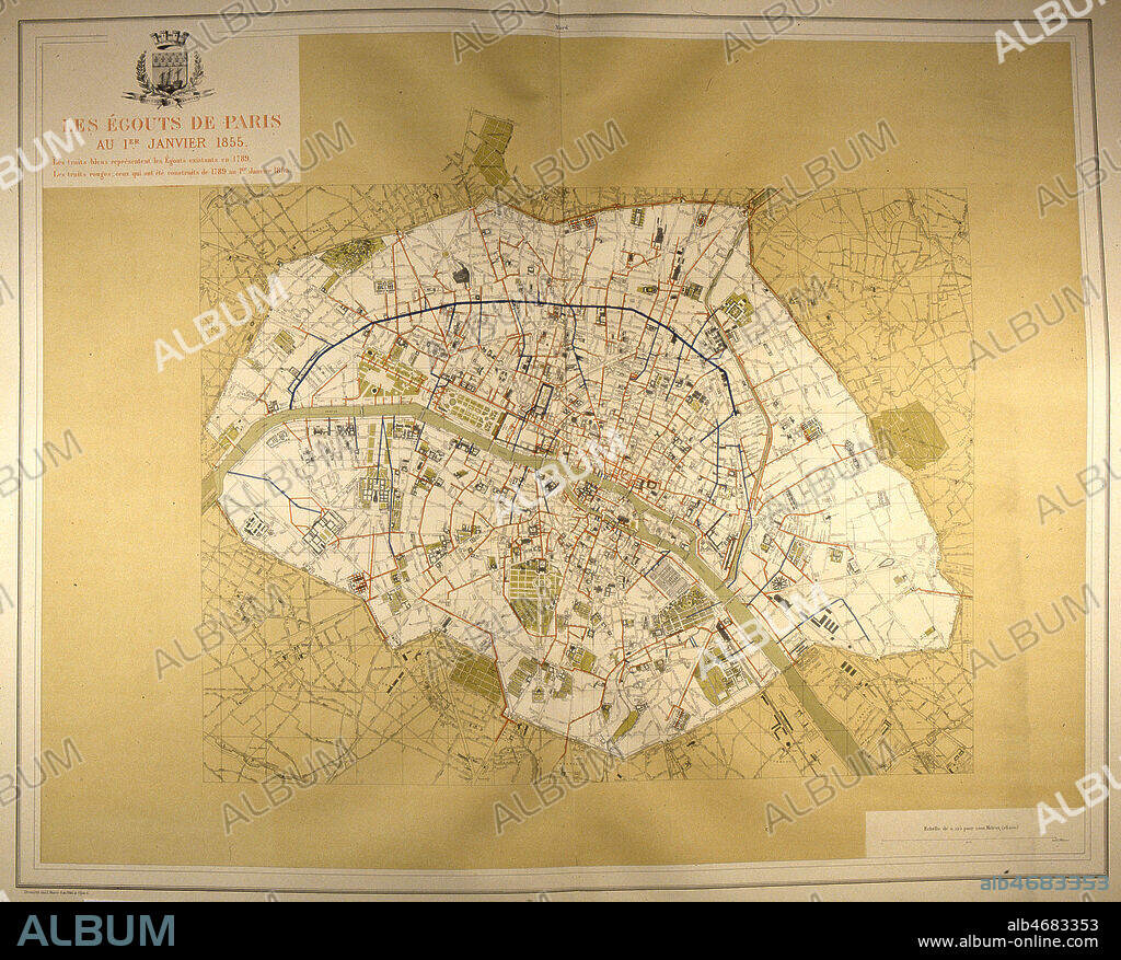 Les egouts de Paris au 1er janvier 1855. Plan tire de l'ouvrage d'Eugene POUBELLE (1831-1907) 'Atlas des travaux de Paris', publie en 1889. (19e, 19eme, XIXe s.) Credit : JEAN VIGNE / KHARBINE-TAPABOR.