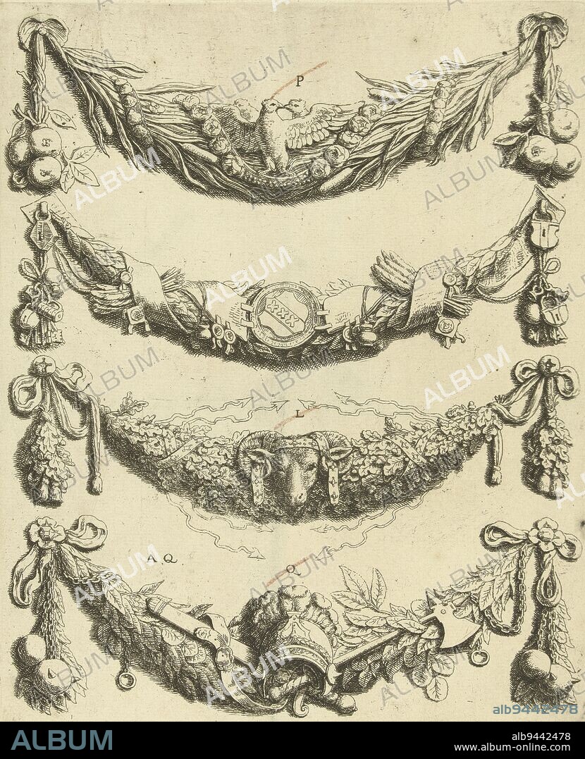 Four festoons, Hubert Quellinus, after Artus Quellinus (I), 1665, Festoons with in the middle two doves, the coat of arms of Amsterdam, head of a ram and a helmet with plumes. Sheet P [4]. Leaf from second edition., print maker: Hubert Quellinus, Artus Quellinus (I), (mentioned on object), publisher: Frederik de Wit, Amsterdam, 1665, paper, etching, h 247 mm × w 201 mm.