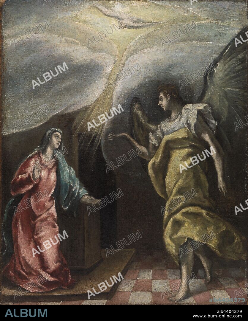 El Greco (Domenikos Theotokopoulos): Annunciation, El Greco (Domenikos Theotokopoulos), Possibly 17th century, Oil on canvas, This painting depicts the Annunciation, a popular subject for Renaissance artists, when the Virgin Mary learns she will give birth to Jesus. Holding a book, the Virgin kneels near a prie dieux, or prayer desk; she is caught in a moment of private devotion, symbolizing her innocence and faith. The Archangel Gabriel appears in a flowing yellow robe, his right hand extended as he delivers the news. Above, the Holy Spirit takes the form of a dove, flying down from Heaven through a beam of light, symbolizing the conception. The grid-like floor reveals the influence of Italian Renaissance painting., Overall: 22 7/8 x 18 3/4 in. (58.1 x 47.6 cm).