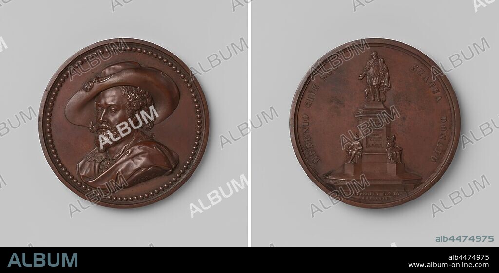 Creation of a statue for the painter Pieter Paul Rubens in Antwerp, medal struck by order of the city of Antwerp, Bronze medal. Front: man's breast piece with hat inside pearl brim. Reverse: monument within a circle, cut off: inscription., Antwerp, Peter Paul Rubens, Laurent Joseph Hart, Brussels, 1840, bronze (metal), striking (metalworking), d 6.8 cm × w 140.78 gr.