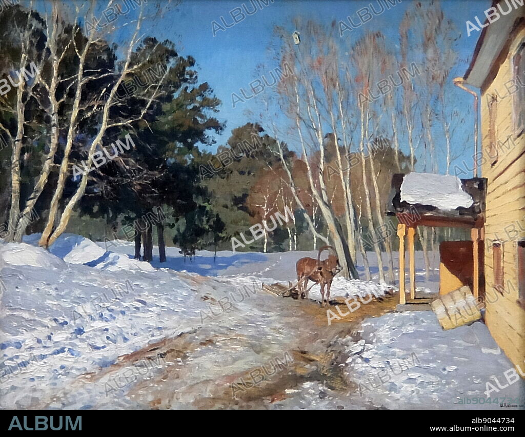 Painting titled 'March' by Isaac Levitan. Isaac Ilyich Levitan (1860-1900) a classical Russian landscape painter who advanced the genre of the "mood landscape".