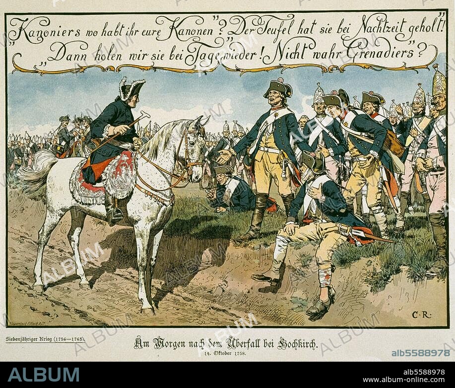 Friedrich II. (der Große), König von Preußen (1740-86); 1712-1786. "Am Morgen nach dem Überfall bei Hochkirch". (Siebenjähriger Krieg, 14. Oktober 1758). Farbdruck nach Richard Knötel (1857-1914). Aus: Der alte Fritz in fünfzig Bildern, Berlin (Paul Kittel) 1895.