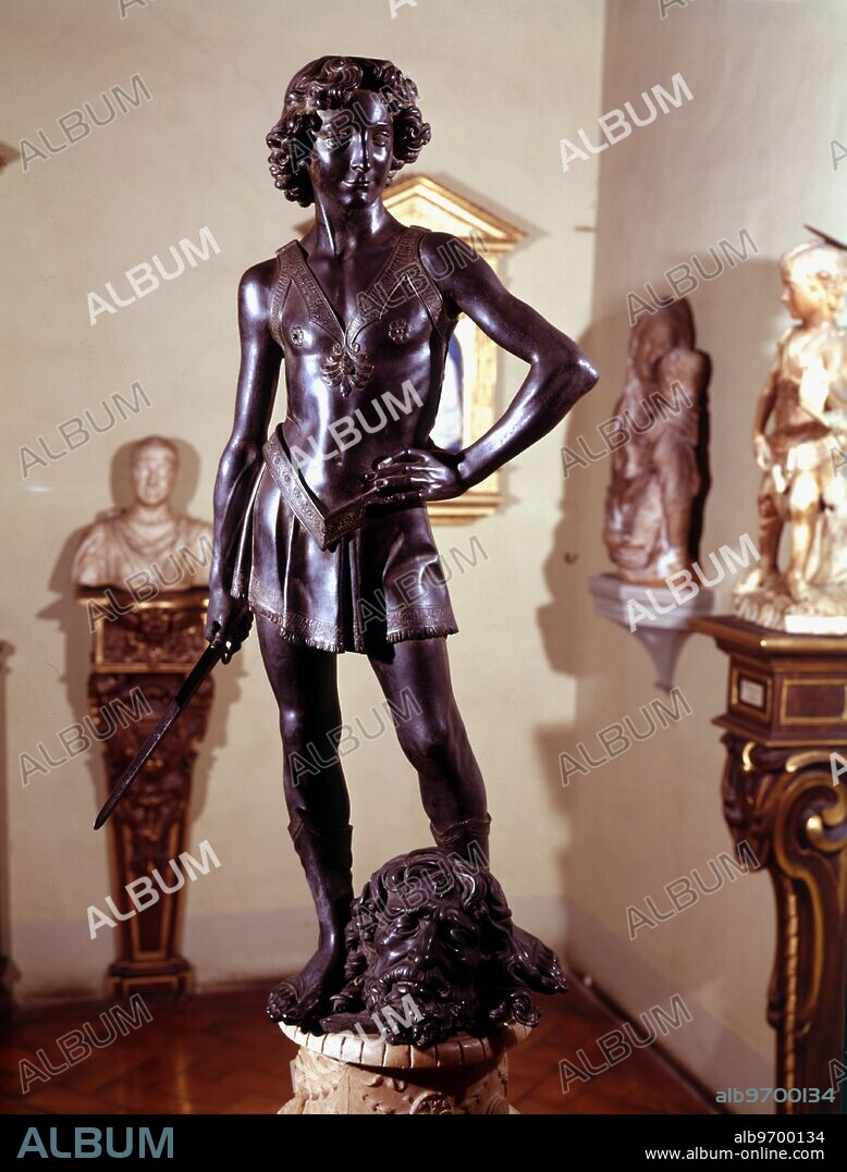 Andrea Verrocchio 'David' - Museum Bargello, Florence, Italy.. Andrea del Verrocchio, born Andrea di Michele di Francesco de' Cioni, (c. 1435 -1488) was an influential Florentine sculptor, goldsmith and painter who worked at the court of Lorenzo de Medici. His pupils included Leonardo da Vinci, Perugino, Ghirlandaio and Sandro Botticelli, but he also influenced Michelangelo. He worked in the serenely classic style of the Early-High Renaissance.. Andrea del Verrochio's bronze statue of David was most likely made between 1473 and 1475. It was commisioned by the Medici family. It is sometimes claimed that Verrocchio modelled the statue after a handsome pupil in his workshop, the young Leonardo da Vinci. The statue demonstrates the young King David triumphantly posing over the head of the slain Goliath. The bronze was initially installed in Palazzo Vecchio in 1476. Placement of Goliath's head has been a source of some debate for art historians. When exhibited at the National Gallery of Art, the head was placed between David's feet, as is the case in the statue's permanent home, the National Museum of the Bargello, in Florence, Italy. Another school of art historians have suggested that Verrocchio intended for Goliath's head to be placed to David's right, pointing to the diagonals of the ensemble. This placement was temporarily arranged at the National Gallery of Art, as well as Atlanta's High Museum, among others. David was intended as a representation of Florence, as both were more powerful than they appeared, and both the shepherd boy and Florence could be viewed as rising powers.. ©TopFoto.