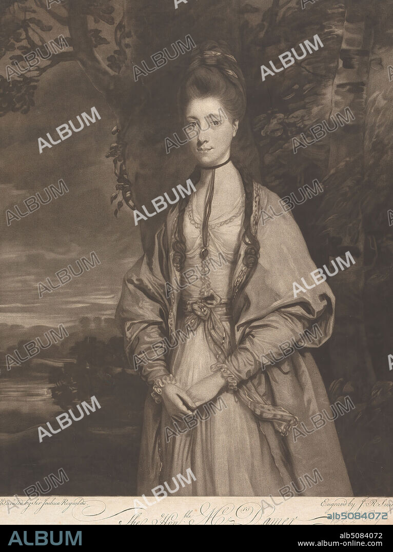 The Honorable Mrs. Anne Seymour Damer (née Conway), John Raphael Smith, 17521812, British, after Sir Joshua Reynolds RA, 17231792, British, undated, Mezzotint on medium, slightly textured, cream, laid paper, Sheet: 14 1/2 × 10 13/16 inches (36.8 × 27.5 cm) and Image: 13 9/16 × 10 13/16 inches (34.4 × 27.5 cm).