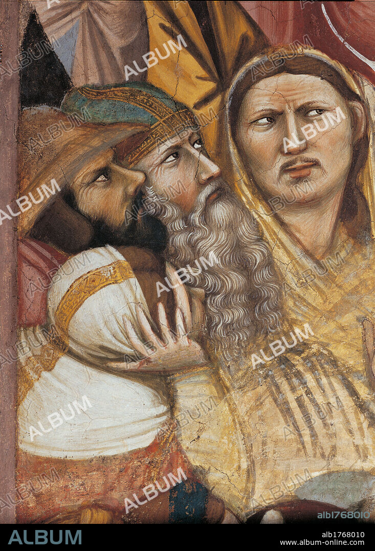 Episode No. 1 of the Stories of St James. Dispute between St James and Philetus and the Spells of Hermogenes, by Jacopo Avanzi, 1372-1379 about, 14th Century, fresco,. Italy, Veneto, Padua, SantAntonio di Padova Basilica, San Giacomo Chapel. Episode No. 1 of the Stories of St James. Dispute between St James and Philetus and Hermogenes spells. Detail central episode, the faces of bystanders onlookers on the left watching the dispute, three bearded men and a woman holding her veiled hair.