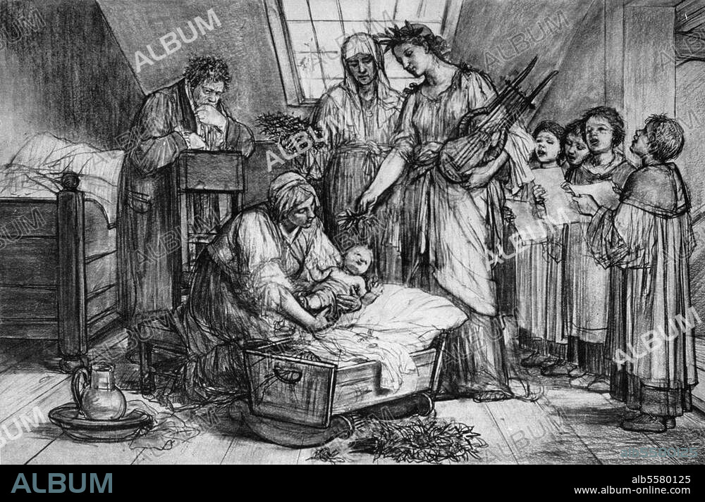 Beethoven, Ludwig van; Komponist; 1770-1827. "Beethovens Geburt". (Bonn, Dezember 1770). Zeichnung, um 1895, von Friedrich Geselschap (1835-1898). Bonn, Beethoven-Haus.