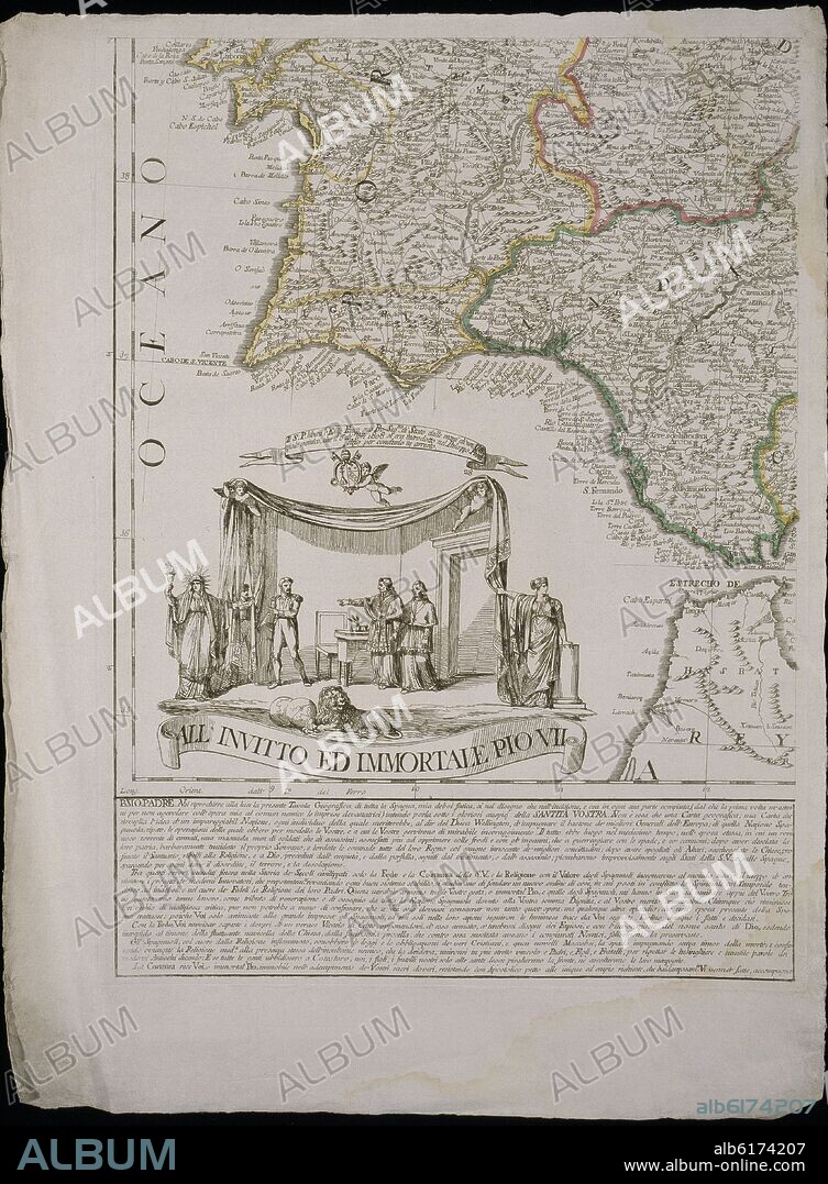 CARTA GEOGRAFICA DE ESPAÑA Y PORTUGAL - DETALLE DEL SUR - GRABADO DE PIO VII EN ESCENA DE ARRESTO EN 1808.
