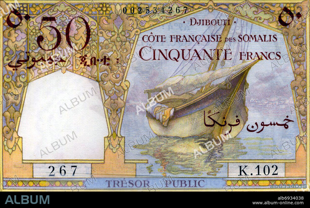 The obverse shows an Indian Ocean dhow surrounded by Arabesques with 'Fifty Francs' in Arabic and French. To the left the name 'Djibouti' is printed in Arabic and Ethiopian scripts for the Somali Issa and Ethiopian Afar inhabitants.<br/><br/>. Djibouti is a tiny country on the east coast of Africa bordered by Somalia, Ethiopia and Eritrea. It is located opposite the gulf from Aden in Yemen, and together they form the gateway to the Red Sea. As such, Djibouti was for centuries a major trading port.<br/><br/>. The less than one million population is composed mostly of two ethnicities: Somalis and Afars. Although Arabic and French are the country's official languages, Somali and Afar are widely spoken. Some 96% of the people are Sunni Muslim. Both males and females are traditionally circumcized in Djibouti.<br/><br/>. In the 19th century, Djibouti was known as French Somaliland as it was acquired by France from Somali sultans. In 1958, on the eve of neighboring Somalia's independence in 1960, a referendum was held in Djibouti to decide whether or not to join the Somali Republic or to remain with France. The referendum turned out in favour of a continued association with France. Djibouti finally achieved independence on 27 June 1977.<br/><br/>. Since independence, Djibouti has remained close to France, though it is also a member of the Arab League and the African Union. Pictures From History.