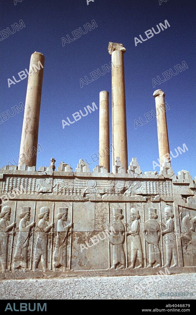 Relief of Medes and Persians, the Apadana, Persepolis, Iran. The capital of Achaemenid Persia, Persepolis was predominantly built during the reigns of the dynasty's founder, Darius I (522-485 BC) and his son Xerxes I (485-465 BC). One of the main, and earliest, buildings of the city was the great audience hall, the Apadana. Every year the king would receive tribute in the form of gifts from representatives of all the poples of the Achaemenid empire, which at its greatest extent stretched from Libya in the west to the Indus valley in the east.