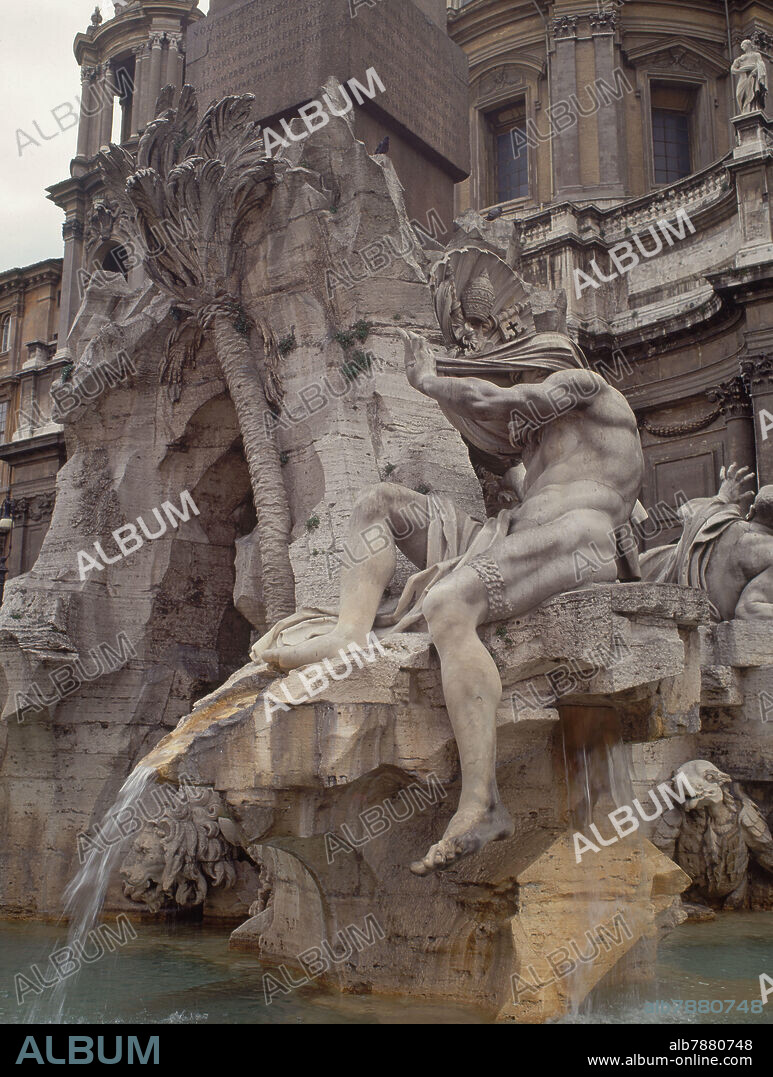 GIAN LORENZO BERNINI (1598-1680). PLAZA NAVONA-FUENTE DE LOS 4 RIOS-1651-DET BASE CON ESCULTURAS.
