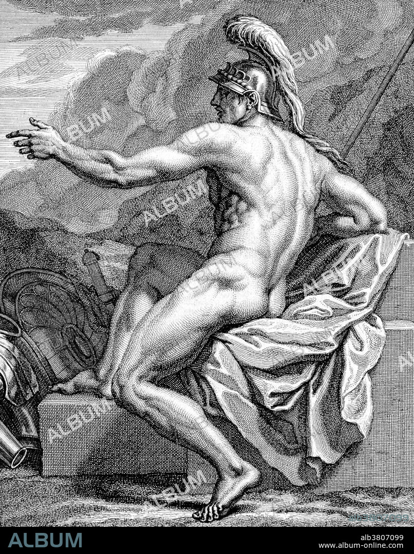 Mars was the Roman god of war and also an agricultural guardian, a combination characteristic of early Rome. He was second in importance only to Jupiter, and he was the most prominent of the military gods worshipped by the Roman legions. His festivals were held in March, the month named for him (Latin Martius), and in October, which began and ended the season for military campaigning and farming. Under the influence of Greek culture, Mars was identified with the Greek god Ares, whose myths were reinterpreted in Roman literature and art under the name of Mars. Although Ares was viewed primarily as a destructive and destabilizing force, Mars represented military power as a way to secure peace, and was a father (pater) of the Roman people. In the mythic genealogy and founding myths of Rome, Mars was the father of Romulus and Remus with Rhea Silvia. His love affair with Venus symbolically reconciled the two different traditions of Rome's founding. Engraving by Gerard van der Gucht after Louis Cheron after Lodovico Carracci.