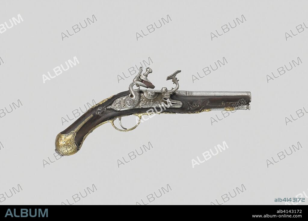 Snaphance Belt Pistol. Lock signed Domenico Guardiani; Italian, Anghiara, died after 1839. Date: 1760-1780. Dimensions: L. 26 cm (10 1/4 in.)
Barrel L. 14.3 cm (5 5/8 in.)
Wt. 1 lb. 
Caliber .47. Steel, brass, walnut, and gold. Origin: Italy.