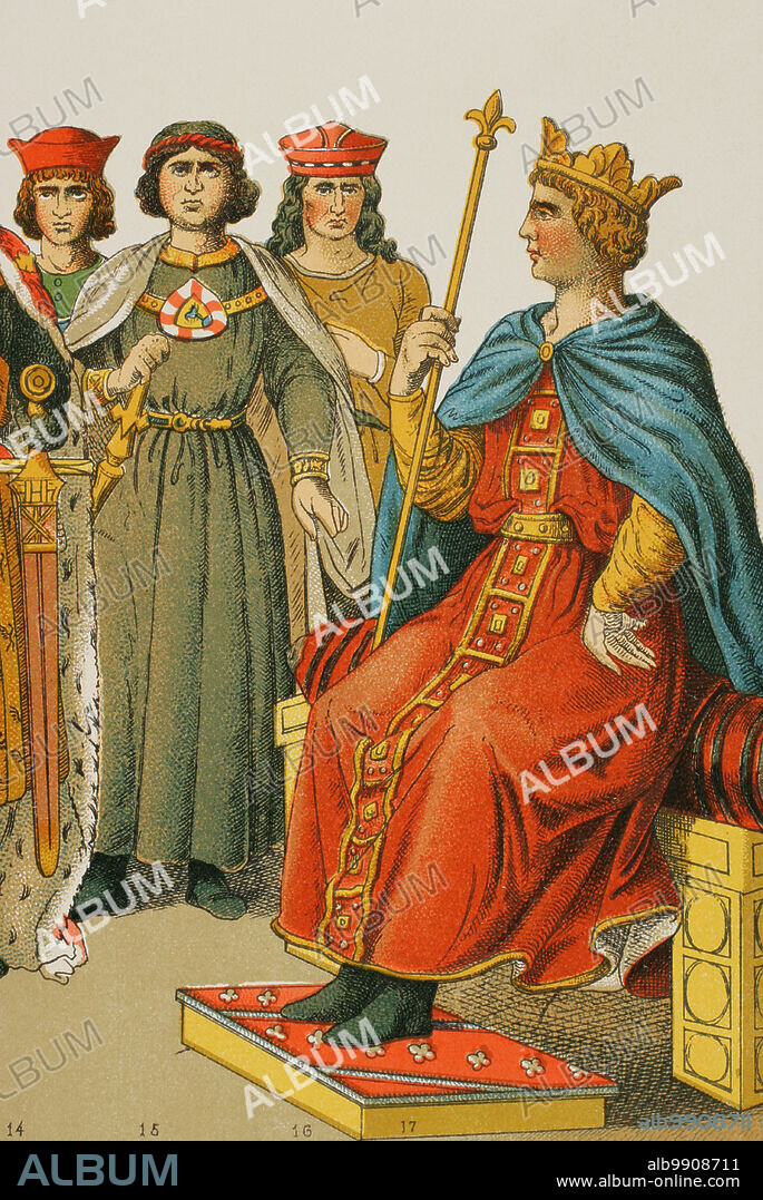 Historia de Alemania. 1200. De izquierda a derecha, 14-15-16: condes, 17: Emperador Federico II (Emperador del Sacro Imperio Romano Germánico, Federico II de Hohenstaufen, 1194-1250). Cromolitografía. "Historia Universal", por César Cantú. Tomo X, 1881.