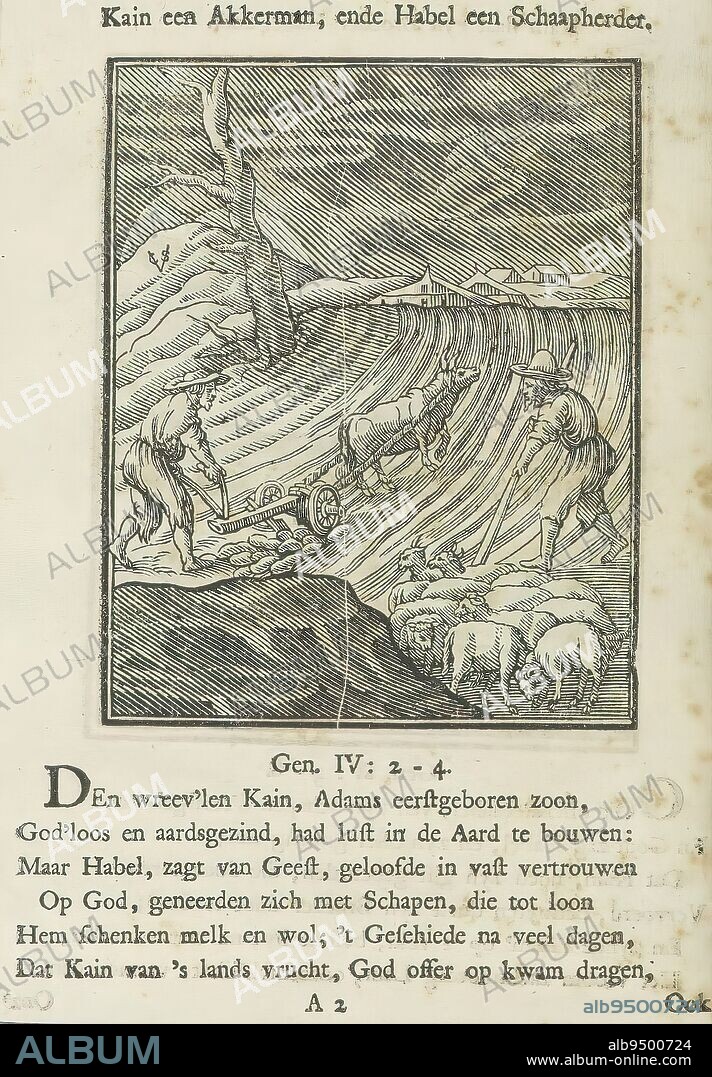 Cain and Abel as farmer and shepherd, Cain a farmer, and Habel a shepherd (title on object), Cain plowing a field with a draft ox. Abel as shepherd takes care of his sheep and goats. Above the image is a title. Below it are six verses and a reference to Genesis 4: 2-4. The print is part of an album., print maker: Christoffel van Sichem (II), (mentioned on object), print maker: Christoffel van Sichem (III), (mentioned on object), publisher: Jan Klooster, Amsterdam, c. 1645 - c. 1646 and/or 1740, paper, letterpress printing, height 109 mm × width 88 mm, height 171 mm × width 132 mm.