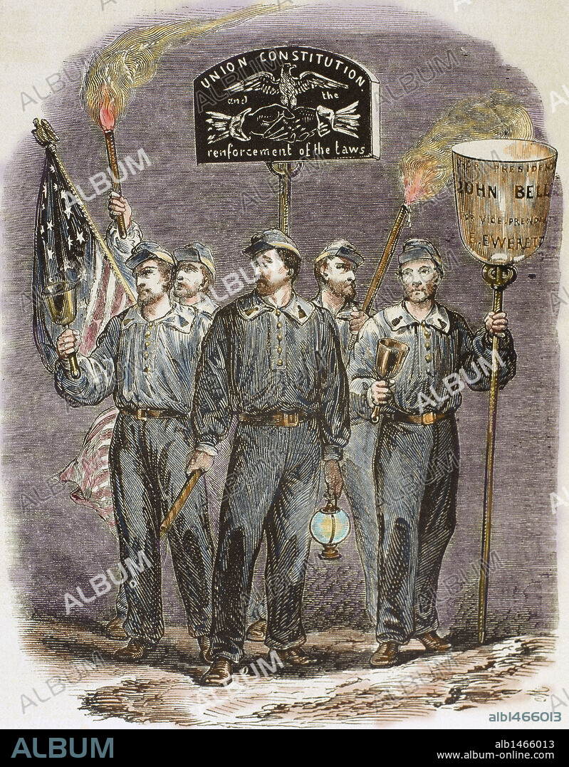 United States. Party supporters of John Bell, candidate of the Constitutional Union Party. Colored engraving from "L'Illustration Journal Universel, 1860.