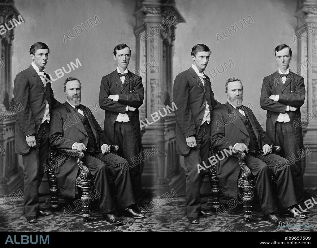 U.S. President Rutherford B. Hayes (center) with his two older sons, (left to right) Webb Cook Hayes and Birchard Austin Hayes (eldest son), Full Length Portrait, Brady-Handy Collection, 1870's.