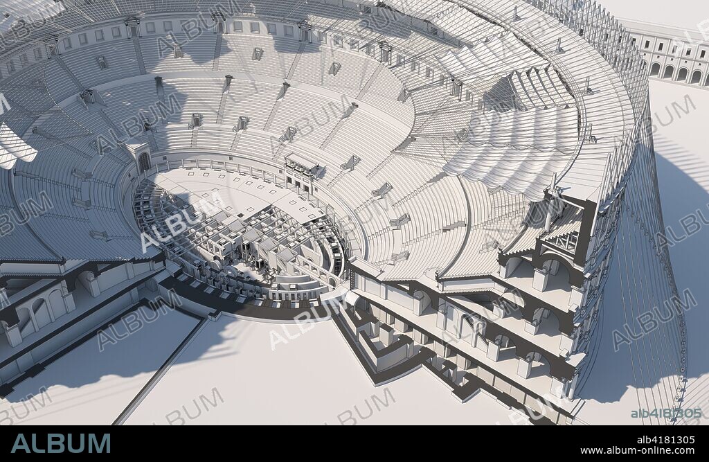 Colosseum and Ludus Magnus towards 130 CE. Reconstruction of the Colosseum and all its interior structures seen in section, located in context in relation to the Ludus Magnus, the school of gladiators near the Amphitheater and communicated with it through an underground passageway. Black and white view outlined.