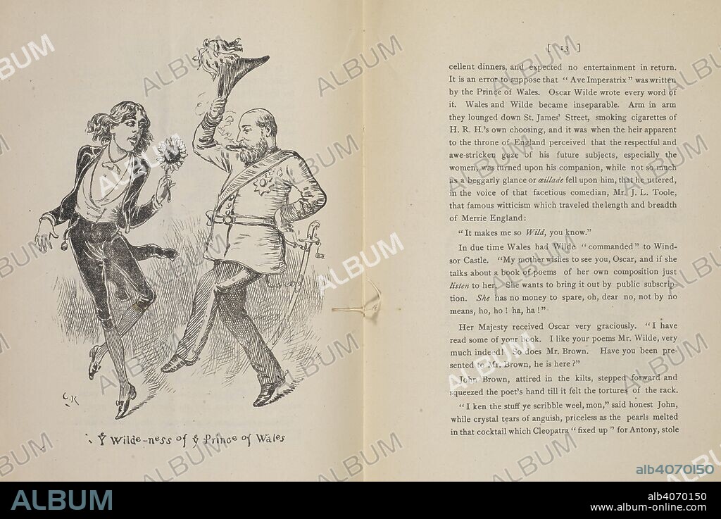CHARLES KENDRICK. 'Wilde-ness of ye Prince of Wales.' A caricature of Oscar Wilde and the prince of Wales. . Ye soul agonies in ye life of Oscar Wilde/ illustrated by Chas. Kendrick. New York: s.n. 1882. Source: Eccles 775 page 12 and 13.