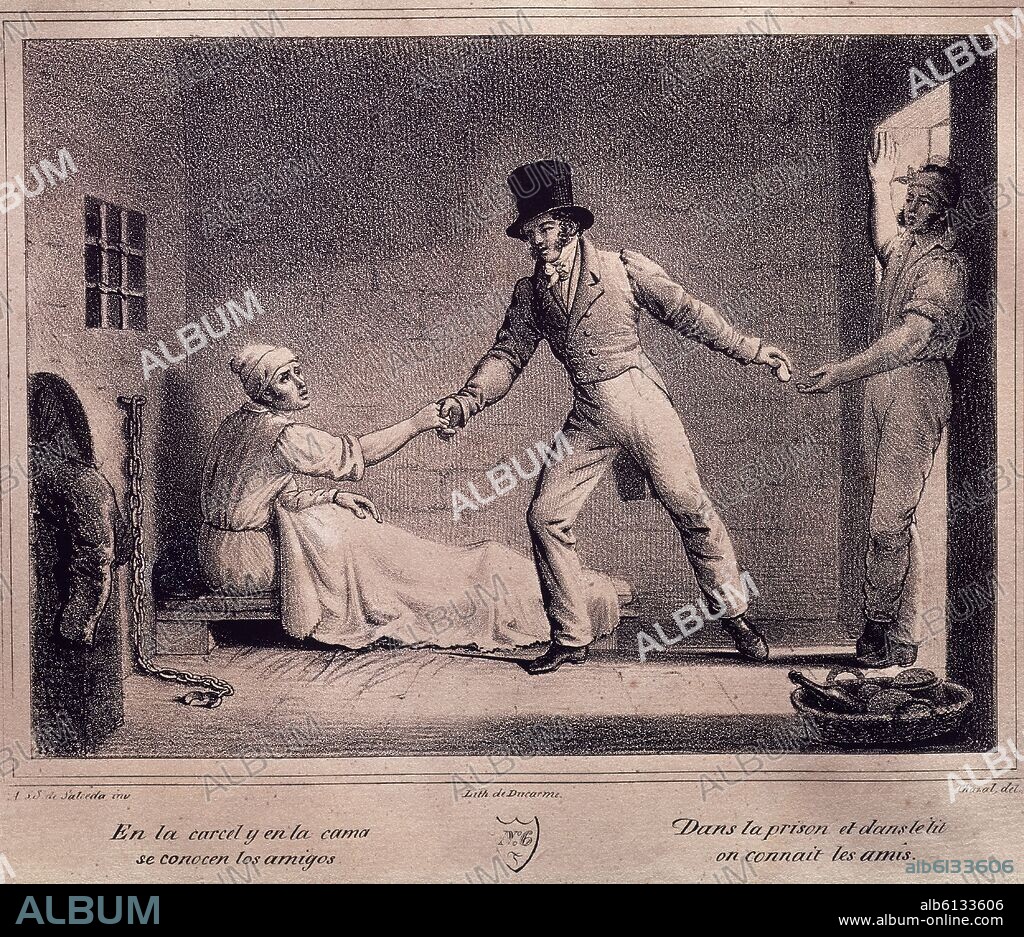 A.G.G. SALCEDA. LITOGRAFIA-EN LA CARCEL Y EN LA CAMA SE CONOCEN LOS AMIGOS - 1850 - REFRAN ESPAÑOL.