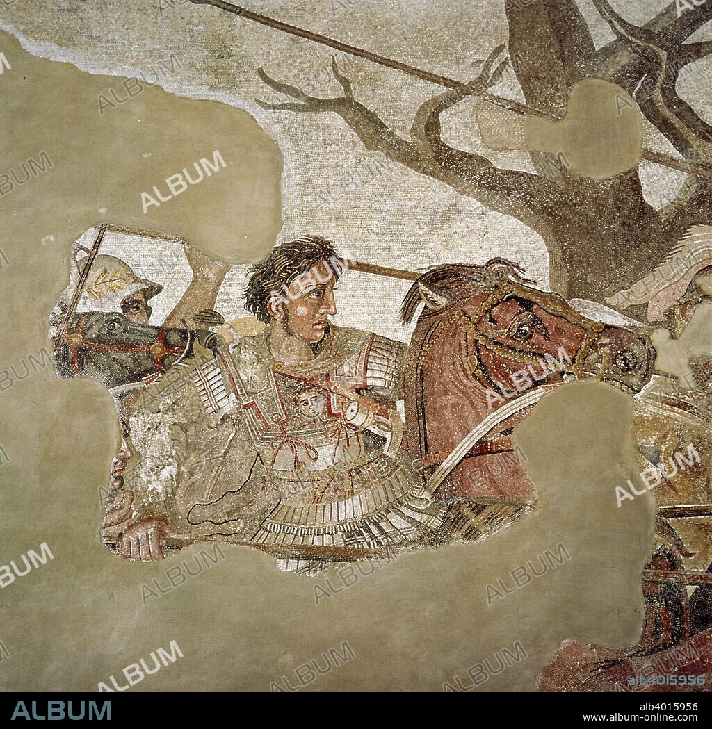 Roman mosaic of Alexander the Great at the Battle of Issus in 333 BC, Pompeii, Italy, (1st century AD). Alexander the Great (356 BC-323 AD) fighting the Persian king Darius in what is now in southern Anatolia. The city of Pompeii was destroyed in 79 AD.