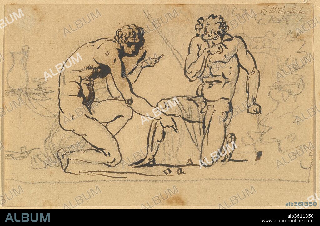 Two Nude Men Playing with Dice. Artist: Nicolai Abraham Abildgaard (Danish, Copenhangen 1743-1809 Frederiksdal). Dimensions: sheet: 4 1/8 x 6 5/16 in. (10.5 x 16.1 cm). Date: mid-18th-early 19th century.