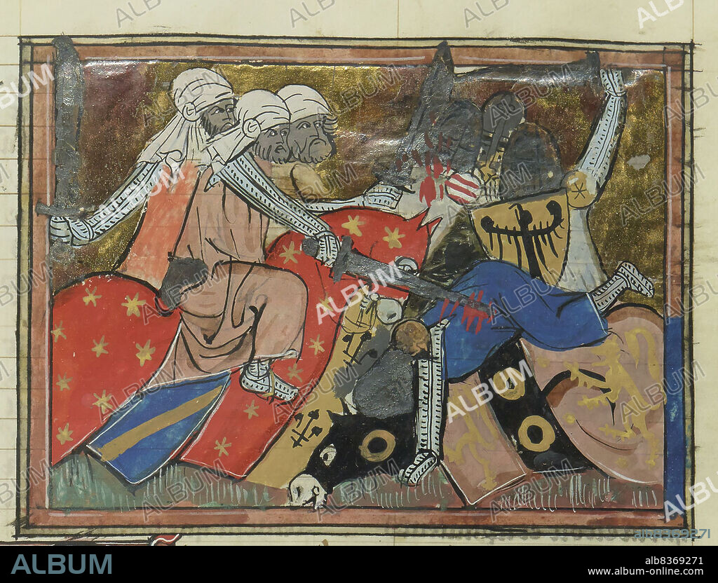 MAîTRE DE FAUVEL. The Battle of Ager Sanguinis on June 28, 1119 (From "Li rommans de Godefroy de Buillon et de Salehadin").